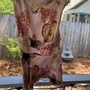 Strapless silk beach pattern drop waist dress